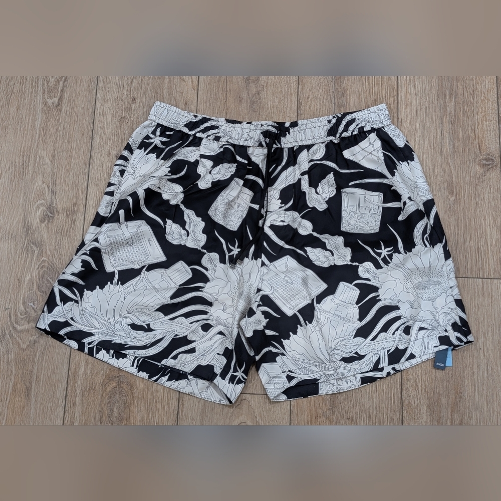 $890 Mens AMIRI Floral Glossy Silk Shorts Black Multi XL